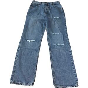 PrettyLittleThing Distressed Straight Leg Jeans - Mid Blue, Size US 6